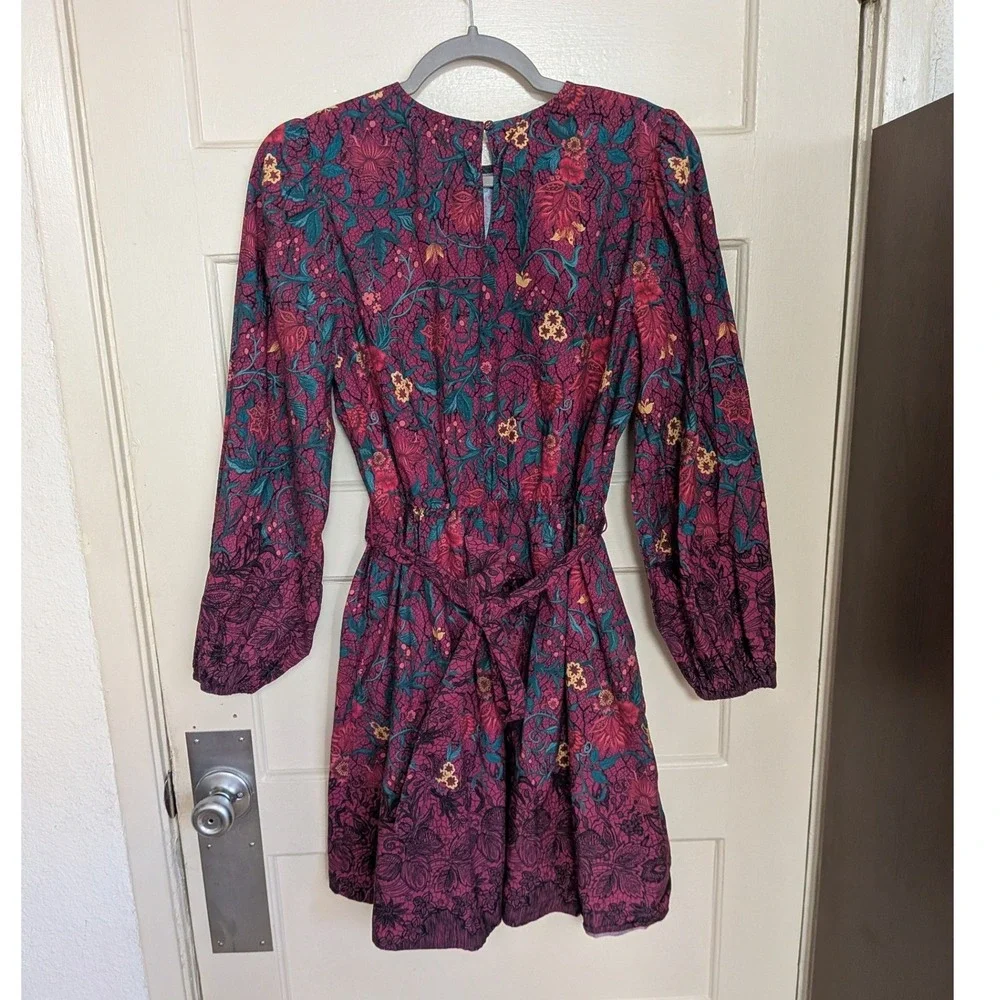 Celina Moon Floral Cotton Boho Belted Mini Dress Long Sleeve Burgundy Large